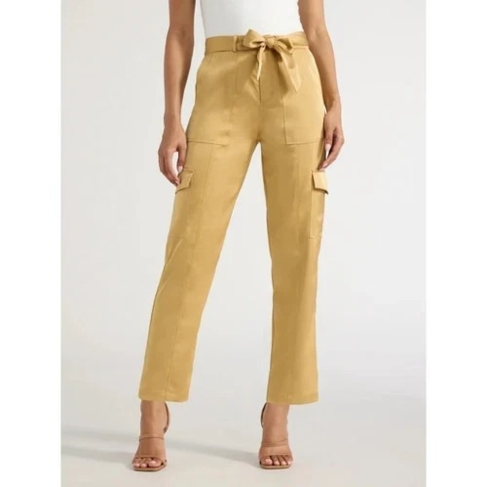 SOFIA VERGARA  Super High Rise Elegant Satin Gold Summer Cargo Pants Size 8